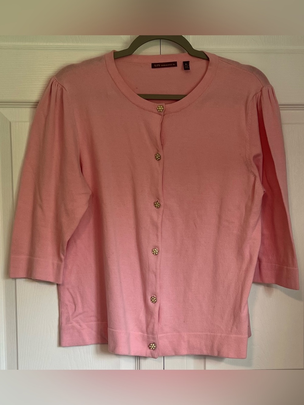 525 America Pink Knit 3/4 Sleeved Cardigan with Floral Buttons